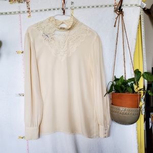 VINTAGE PERSONAL Victorian cream cottage blouse lace long sleeves 16 M marge